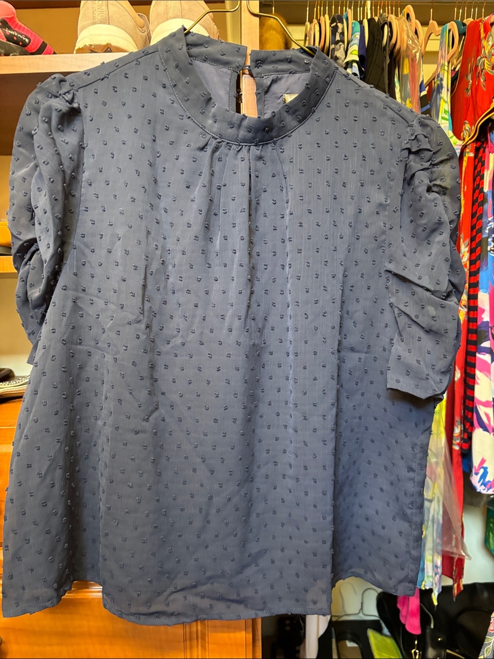 Allegra K Women’s Navy Swiss Dot Puff-Sleeve Blouse